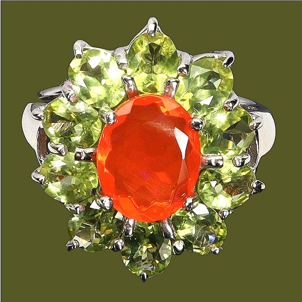 925 Sterling Silver Ring Sz 7.75with Natural Orange Opal 10x8mm & Peridot Gem